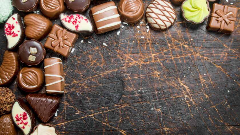 Chocolate sweets with nuts and various fillings.