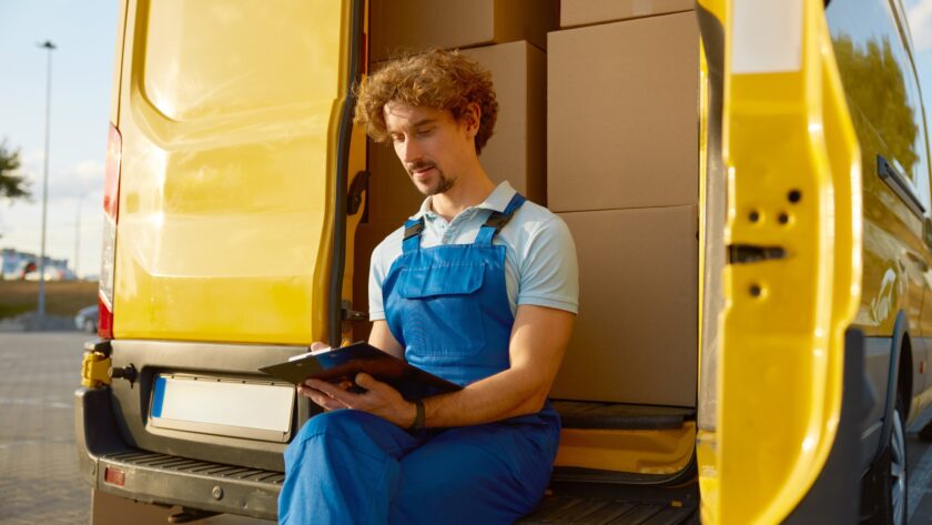Professional young male courier providing parcel management before shipping