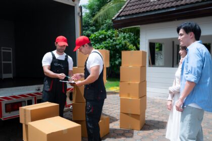 Delivery man delivering parcel to customer at home. Delivery service concept.