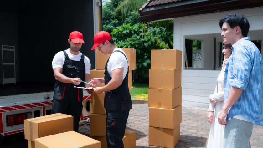 Delivery man delivering parcel to customer at home. Delivery service concept.