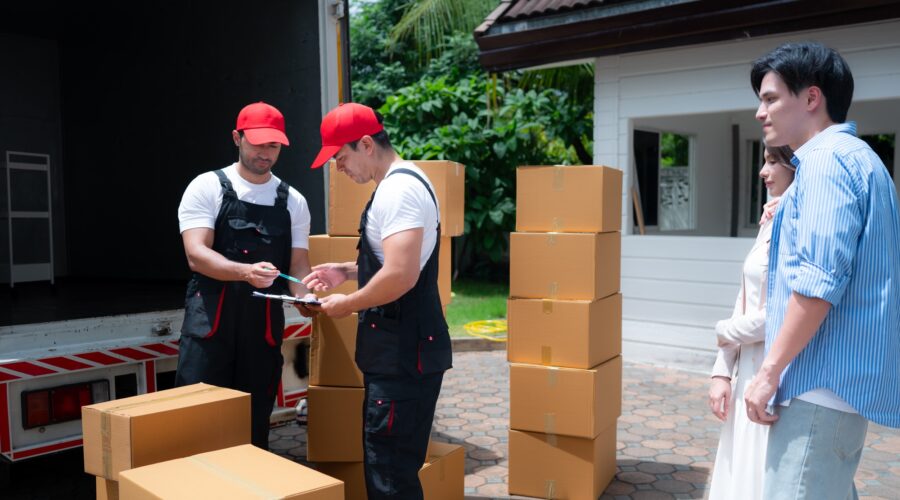 Delivery man delivering parcel to customer at home. Delivery service concept.