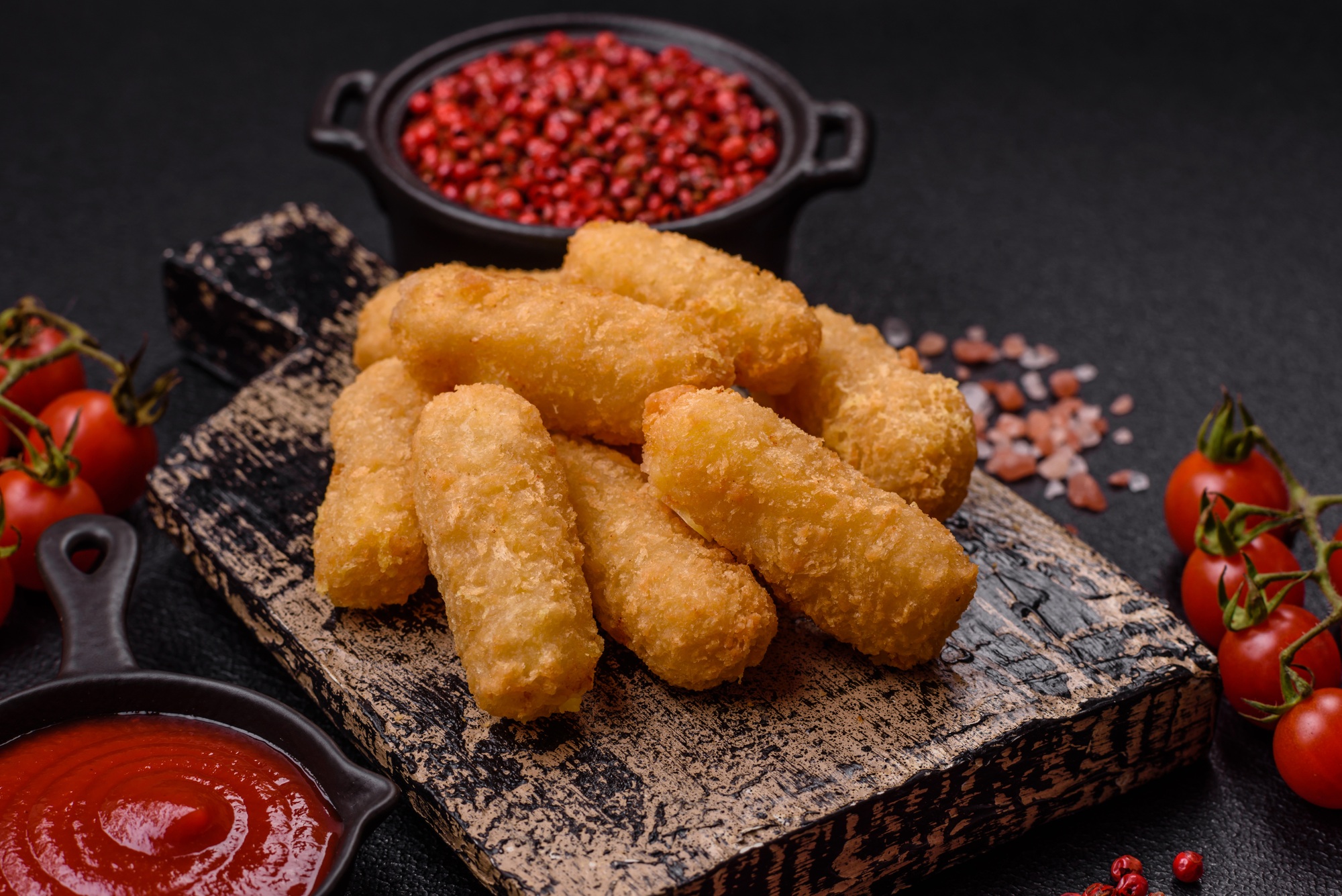 Fast food breaded cheese sticks with salt and spices