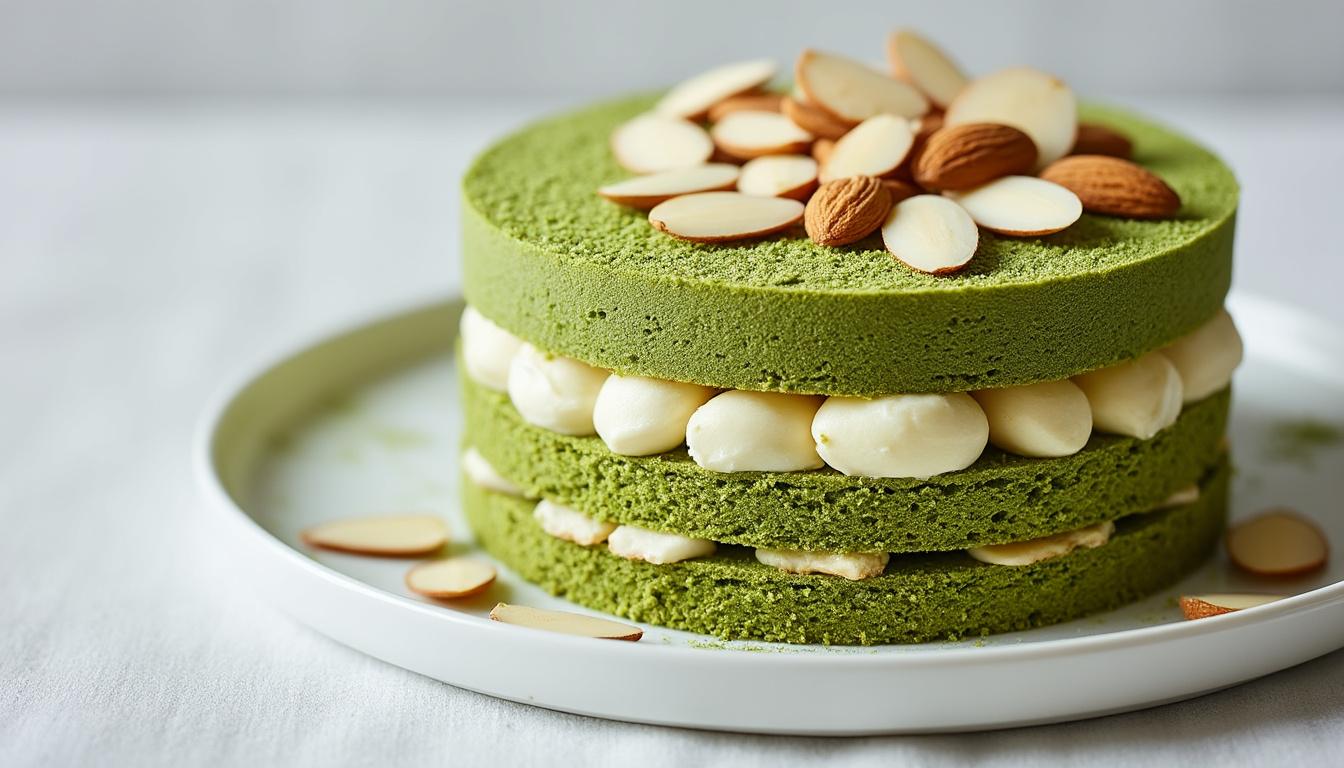 éblouissez vos amis avec un somptueux gâteau au thé matcha et aux amandes, savamment décoré pour une présentation chic. découvrez une recette alliant saveurs exquises et élégance, idéale pour toutes vos occasions spéciales.