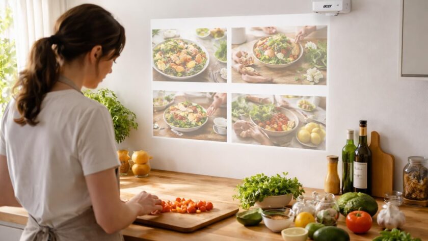 découvrez le mini vidéoprojecteur acer, l'outil idéal pour suivre vos recettes au mur et cuisiner mains libres en toute simplicité.