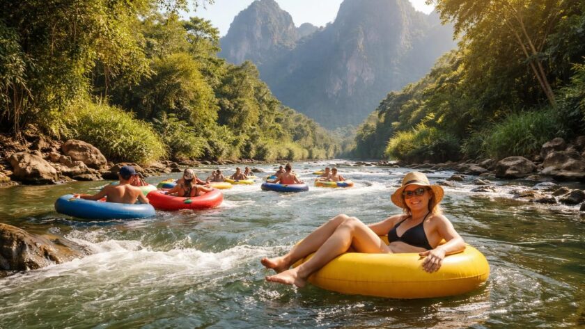 découvrez le tubing à vang vieng, une aventure rafraîchissante en glissant le long de la rivière nam song. profitez d'un parcours paisible au cœur de paysages naturels époustouflants.