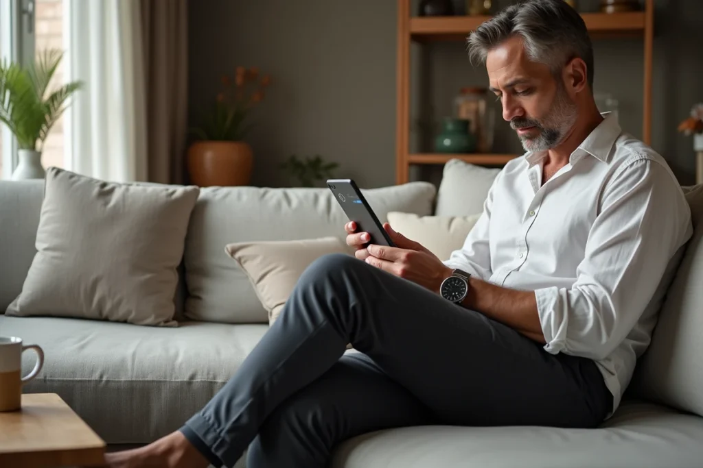 Homme consultant son espace membre sur une tablette depuis son salon, découvrant les fonctionnalités d'accès