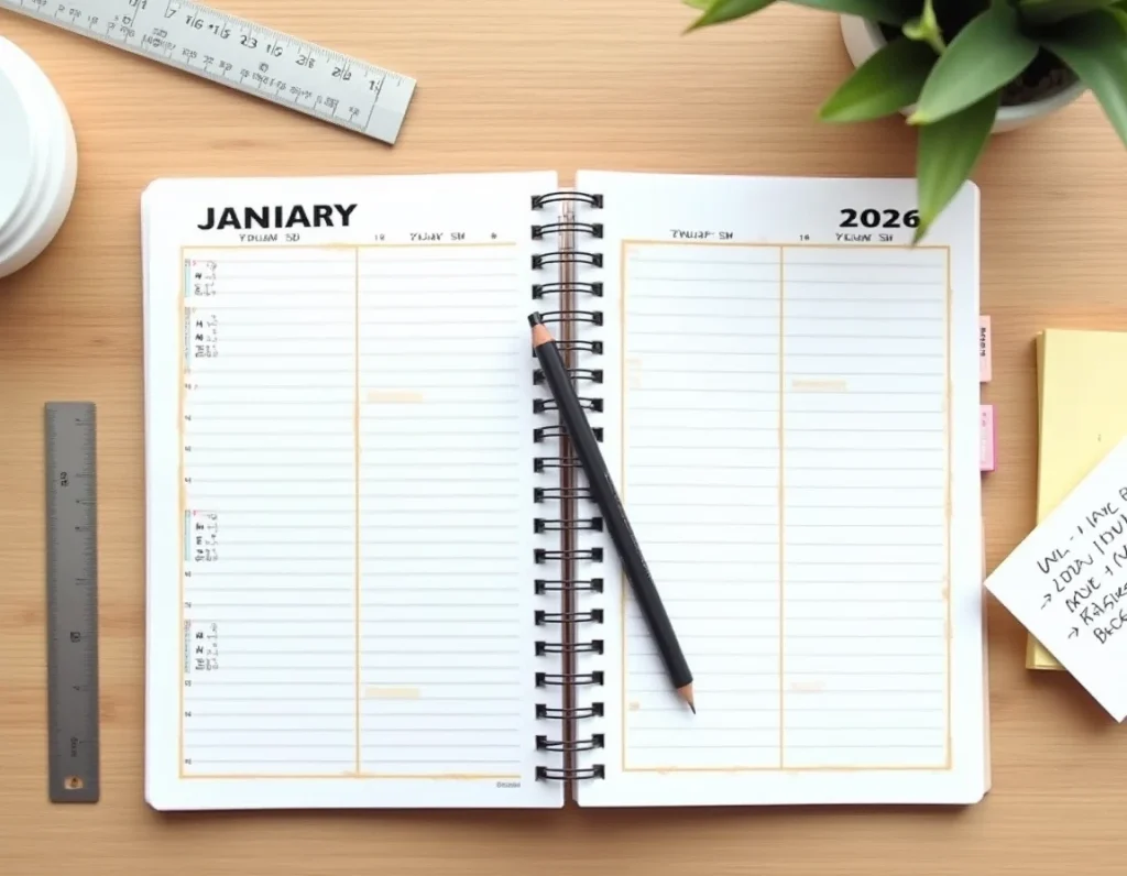 Vue de dessus d'un agenda semainier 2026 ouvert avec numéros de semaines et calculs manuscrits