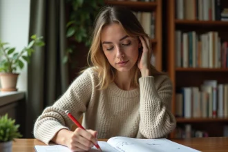 Jeune femme comptant les semaines de l'année dans un agenda papier à son bureau
