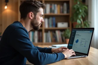 Homme connecté à son espace membre sur un ordinateur portable, configurant ses réglages de profil en ligne