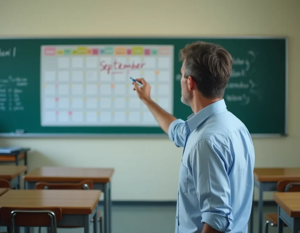 Enseignant devant un calendrier scolaire mural indiquant les semaines de l'année