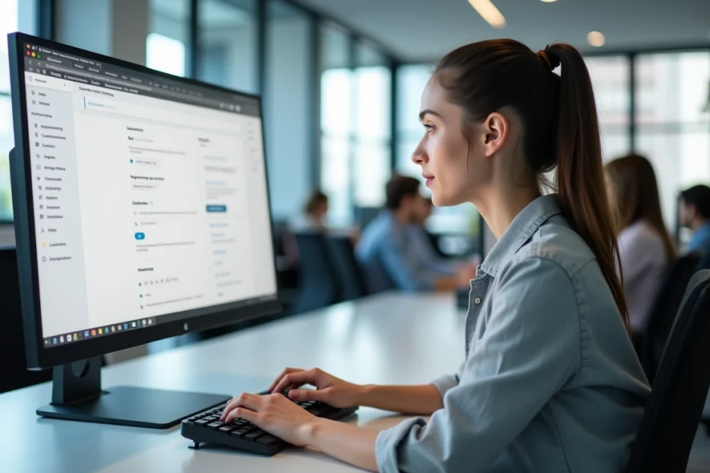 Femme configurant les paramètres de son espace membre sur un grand écran dans un bureau partagé