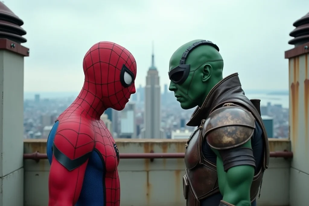Affrontement entre Spider-Man et le Bouffon Vert sur un toit avec panorama urbain en arrière-plan