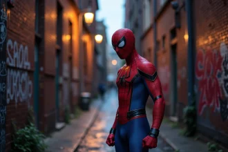Cosplayer en costume Spider-Man dans une ruelle urbaine sombre avec murs en briques et pavés mouillés