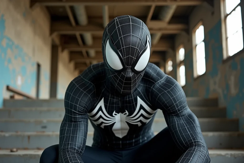 Spider-Man en costume symbiote noir accroupi dans un entrepôt industriel abandonné