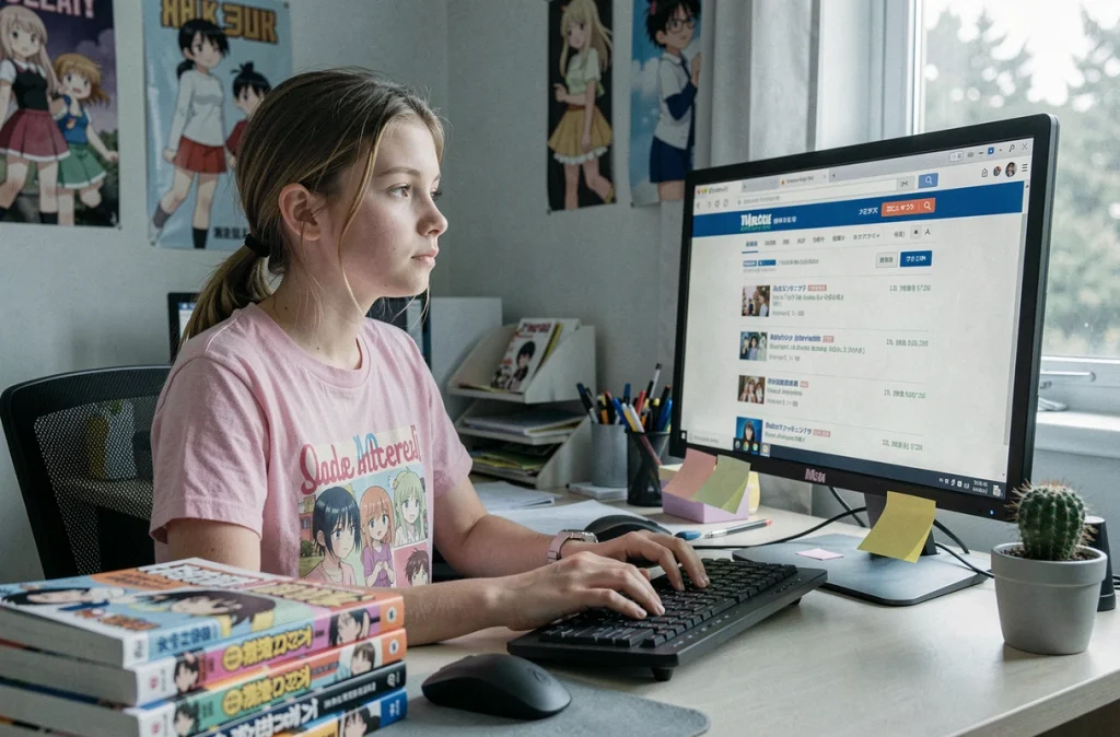 Adolescente devant un ordinateur de bureau recherchant des alternatives à Crunchyscan pour lire des mangas en ligne