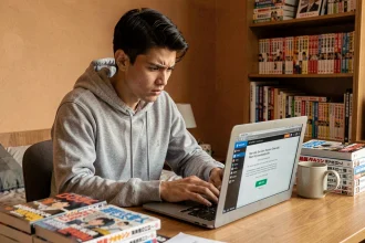 Jeune homme cherchant une alternative à Epsilone.scan sur son ordinateur portable entouré de mangas