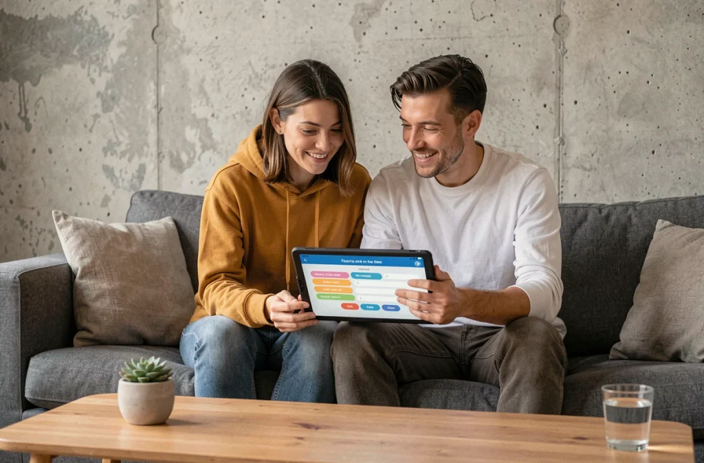 Deux amis jouant à Pédantix ensemble sur une tablette en utilisant l'astuce de l'indice pedantis