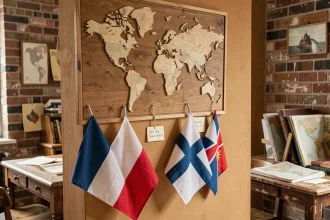 Carte du monde en bois avec drapeaux des pays commençant par F comme France, Finlande et Fidji