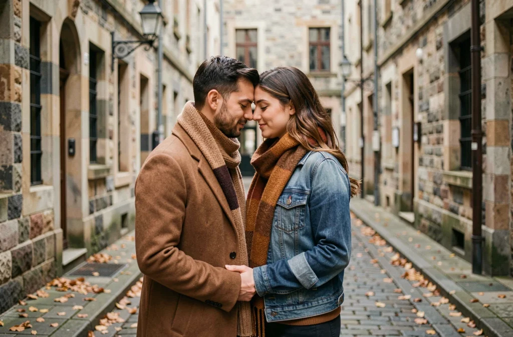 Couple tendrement enlacé dans une ruelle pavée en automne, symbolisant l'amour et l'âme sœur liés au nombre angélique 1441