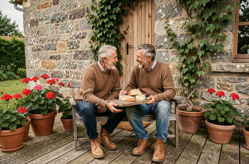 Couple profitant d'une pause conviviale sur la terrasse en pierre d'une ferme traditionnelle à Saint-Goussaud en Creuse