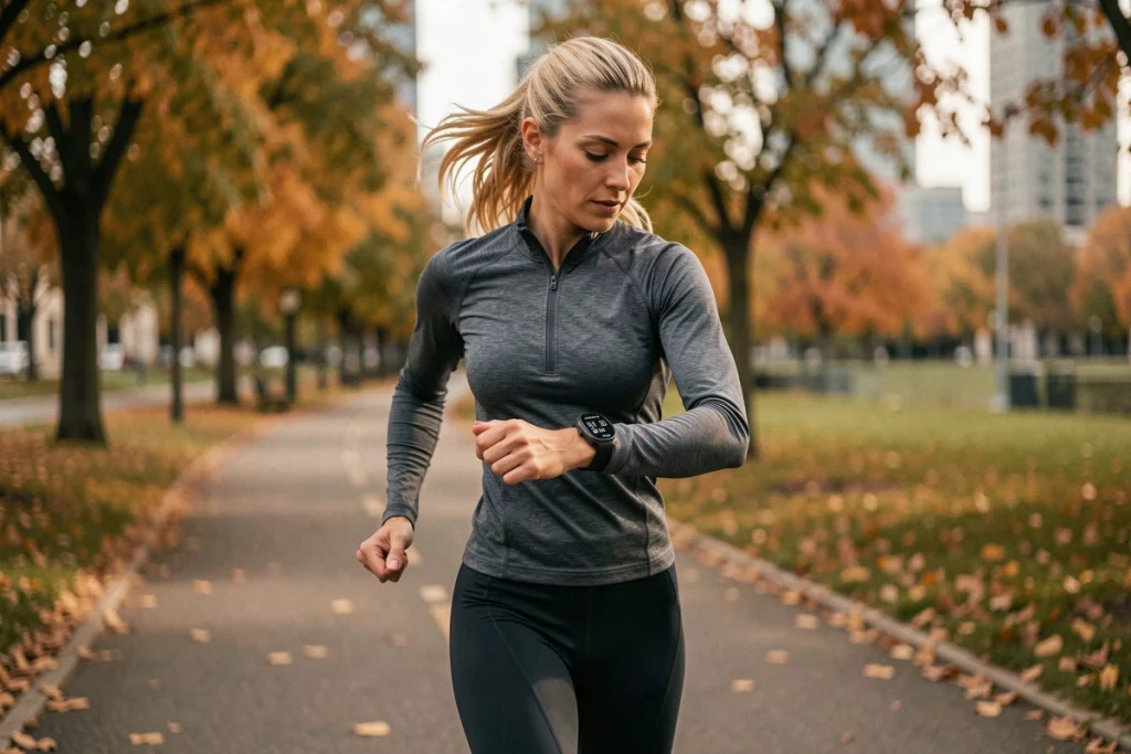 Coureuse consultant sa montre GPS affichant une distance en miles et kilomètres lors d'un jogging en parc urbain en automne