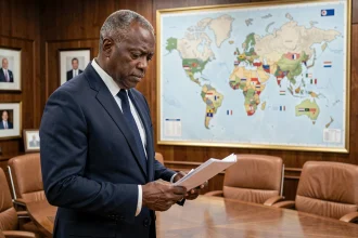 Diplomate africain étudiant une carte politique lors d'une réunion diplomatique sur le statut de Mayotte en Afrique