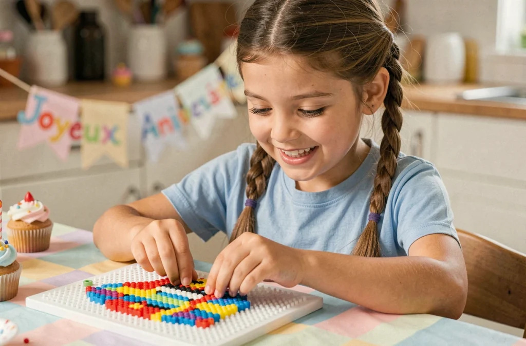 Fillette fabriquant des perles à repasser Stitch lors d'un anniversaire avec décorations de fête en arrière-plan