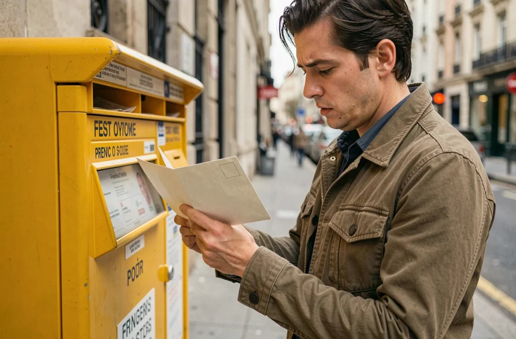 Personne tenant une enveloppe sans timbre devant une boîte aux lettres jaune française, réalisant son oubli avant d'envoyer le courrier