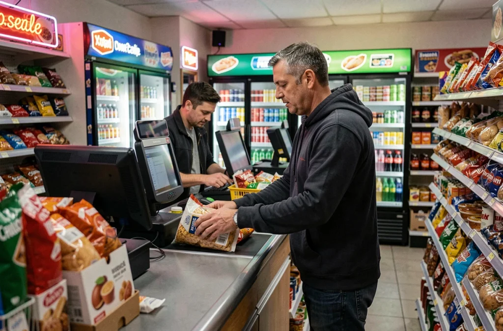 Client en train de payer dans une épicerie de nuit ouverte après 20h à Montpellier