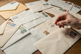 Bureau en bois recouvert d'enveloppes diverses, certaines mal timbrées ou sans timbre, illustrant les erreurs courantes de courrier postal