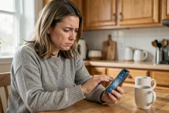 Femme méfiante regardant un appel entrant d'un numéro 06 inconnu sur son smartphone, illustrant la reconnaissance des appels publicitaires et de démarchage téléphonique