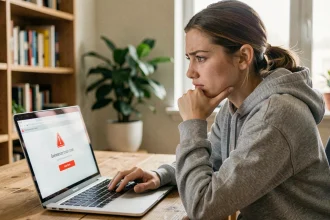 Jeune femme frustrée devant son ordinateur portable affichant une page d'erreur, symbolisant un problème d'accès à un site de manga en ligne