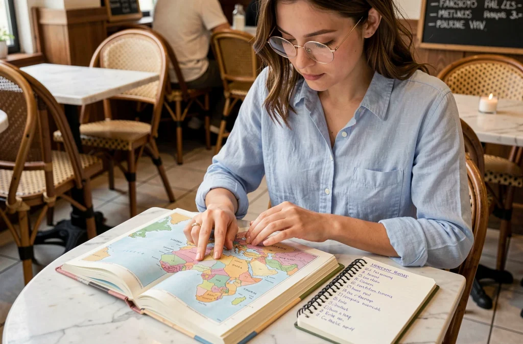 Femme consultant un livre de géographie sur les pays du monde dans un café parisien