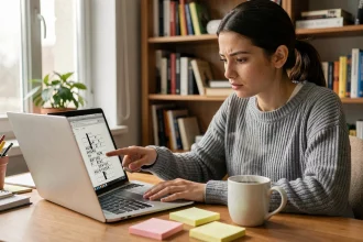 Jeune femme concentrée utilisant l'indice pedantis pour résoudre le jeu Pédantix sur son ordinateur portable