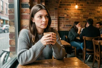 Femme songeuse dans un café tenant une tasse, reflétant sur l'amour et la signification du nombre 1441