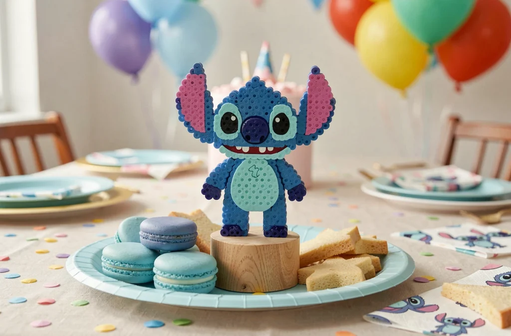 Figurine Stitch en perles à repasser terminée présentée sur une table de goûter d'anniversaire thématique