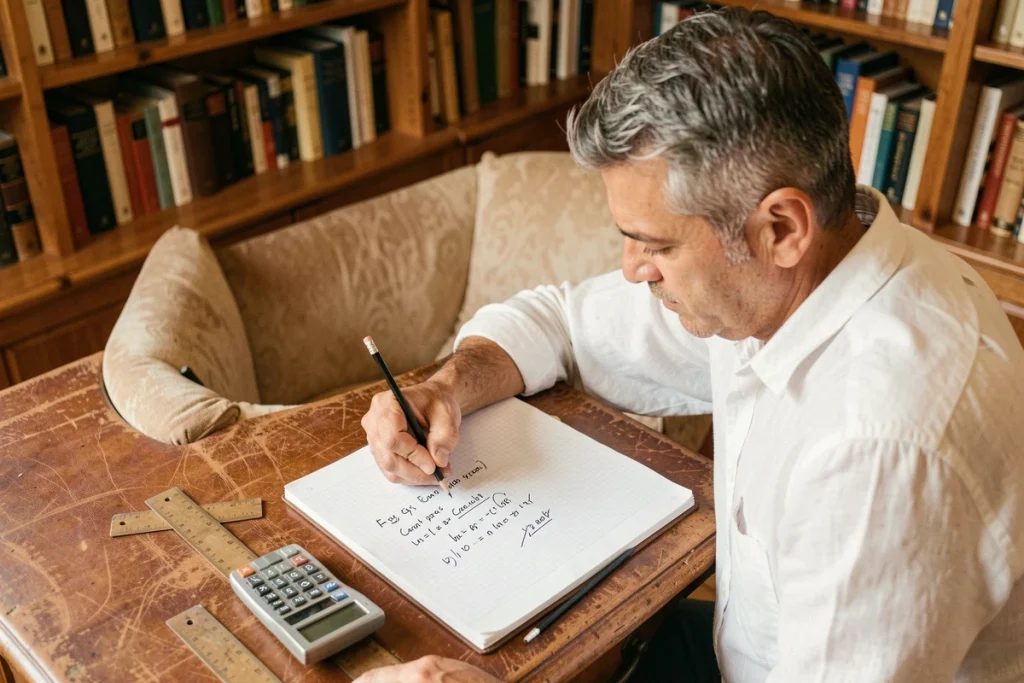 Homme écrivant une formule de conversion miles en kilomètres sur du papier quadrillé avec une règle et une calculatrice