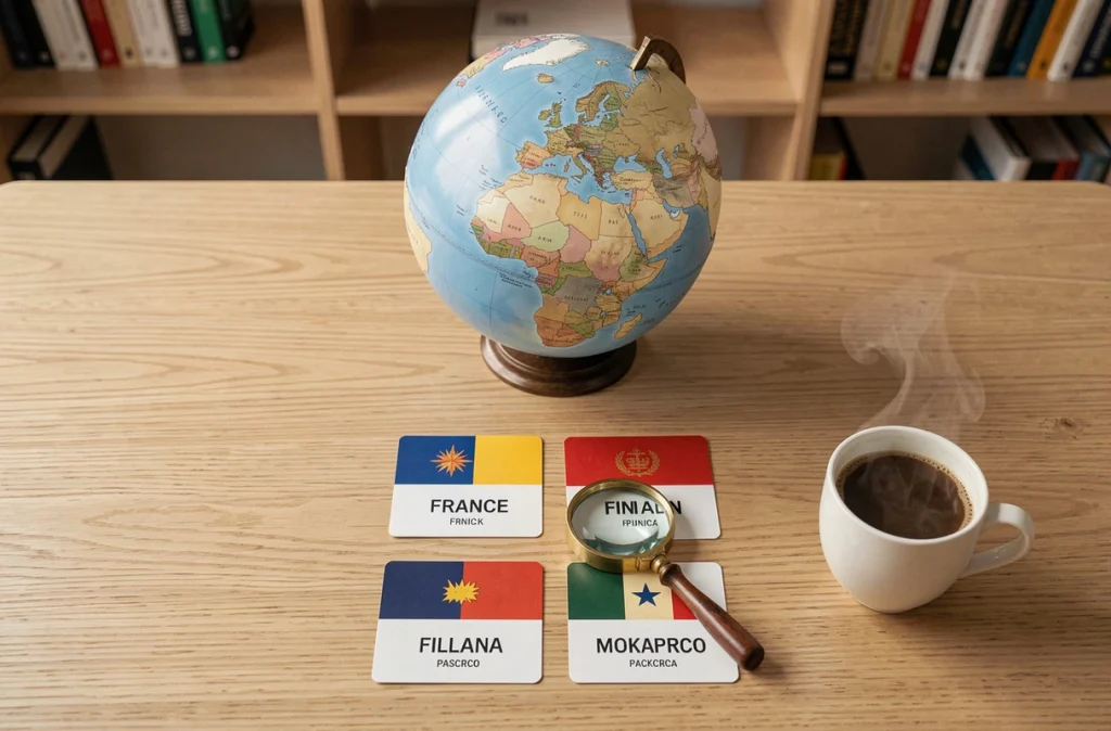 Vue aérienne d'un globe terrestre et de cartes de pays commençant par F sur un bureau en bois