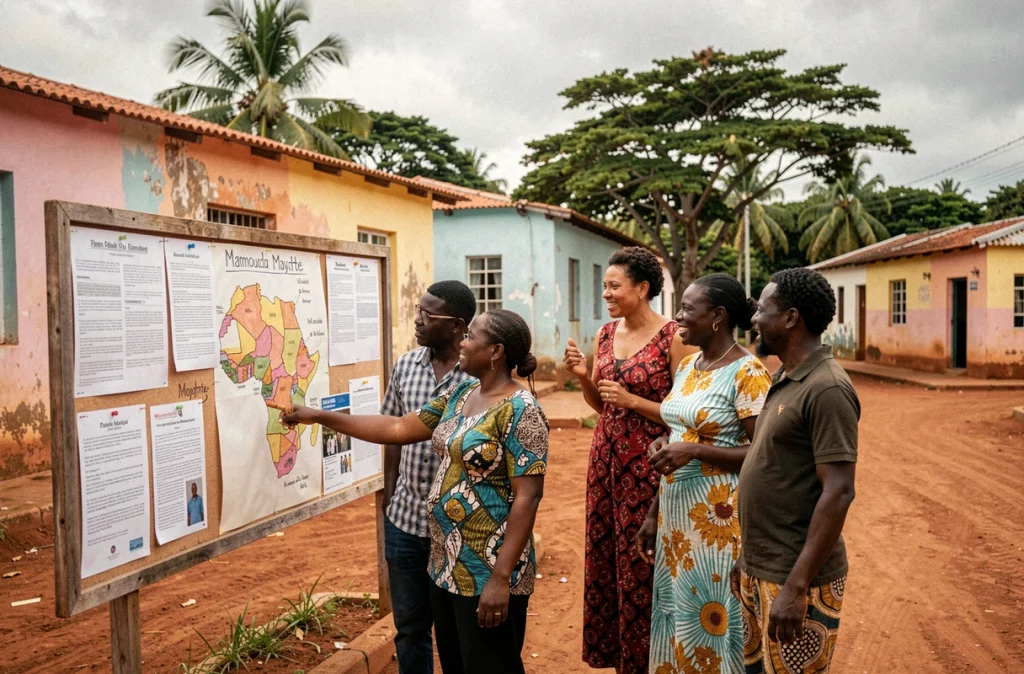 Habitants de Mamoudzou devant un panneau communautaire discutant de la place de Mayotte sur la carte africaine