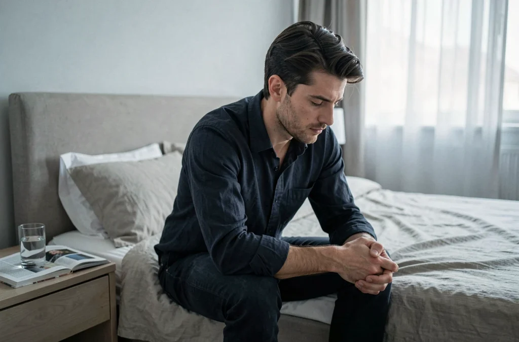 Homme en introspection assis sur un lit après une séparation, illustrant la signification du nombre 1441 dans la vie affective
