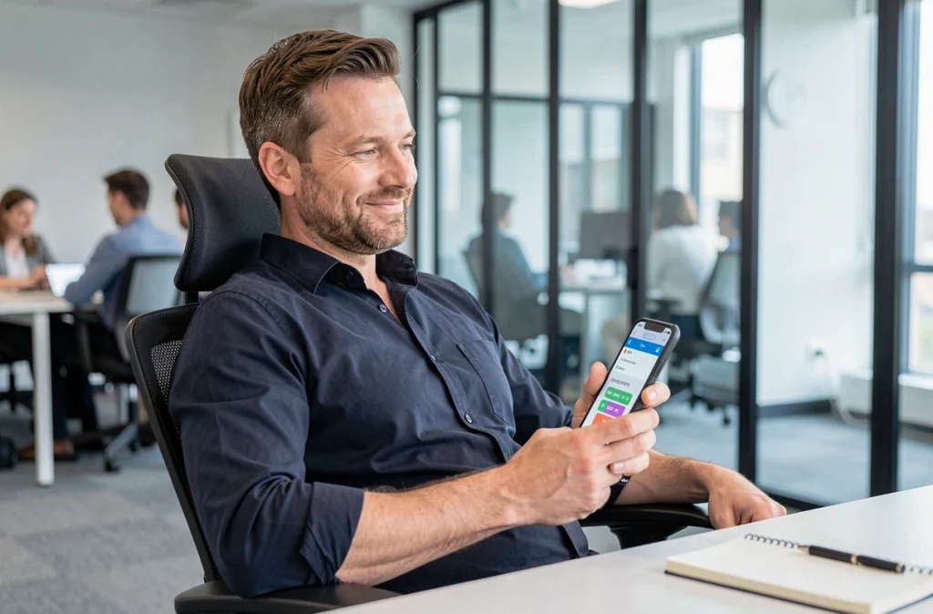 Homme en pause au bureau consultant l'indice pedantis pour le jeu Pédantix sur son smartphone