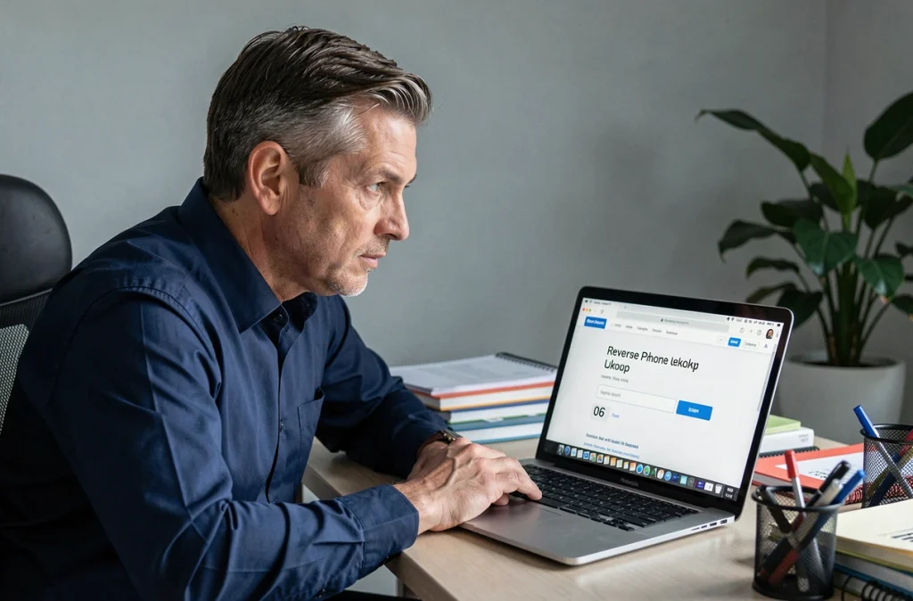 Homme consultant un annuaire inversé gratuit sur ordinateur portable pour identifier un numéro de téléphone 06 suspect lié au spam ou au démarchage