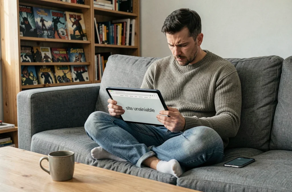 Homme consulte une tablette et un smartphone pour trouver une alternative à un site de lecture de manga indisponible