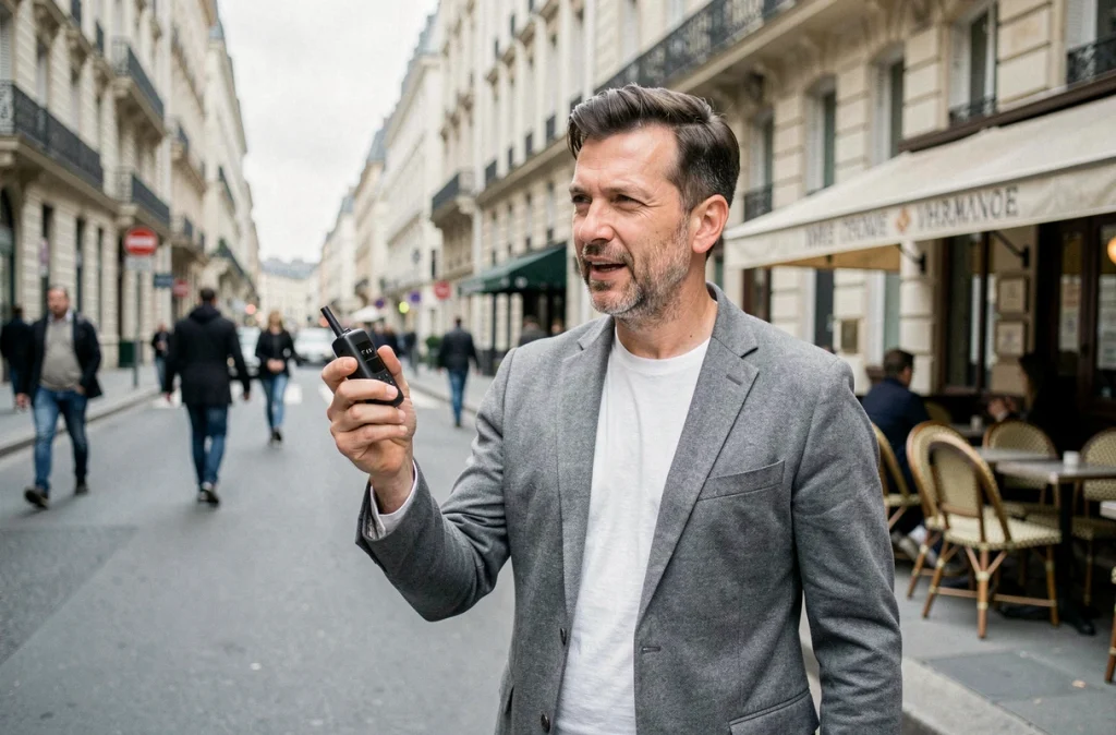 Journaliste en extérieur tenant un enregistreur lors d'une interview de rue dans un boulevard parisien animé