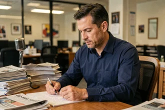 Journaliste masculin concentré prenant des notes dans une salle de rédaction encombrée de journaux et d'un micro vintage