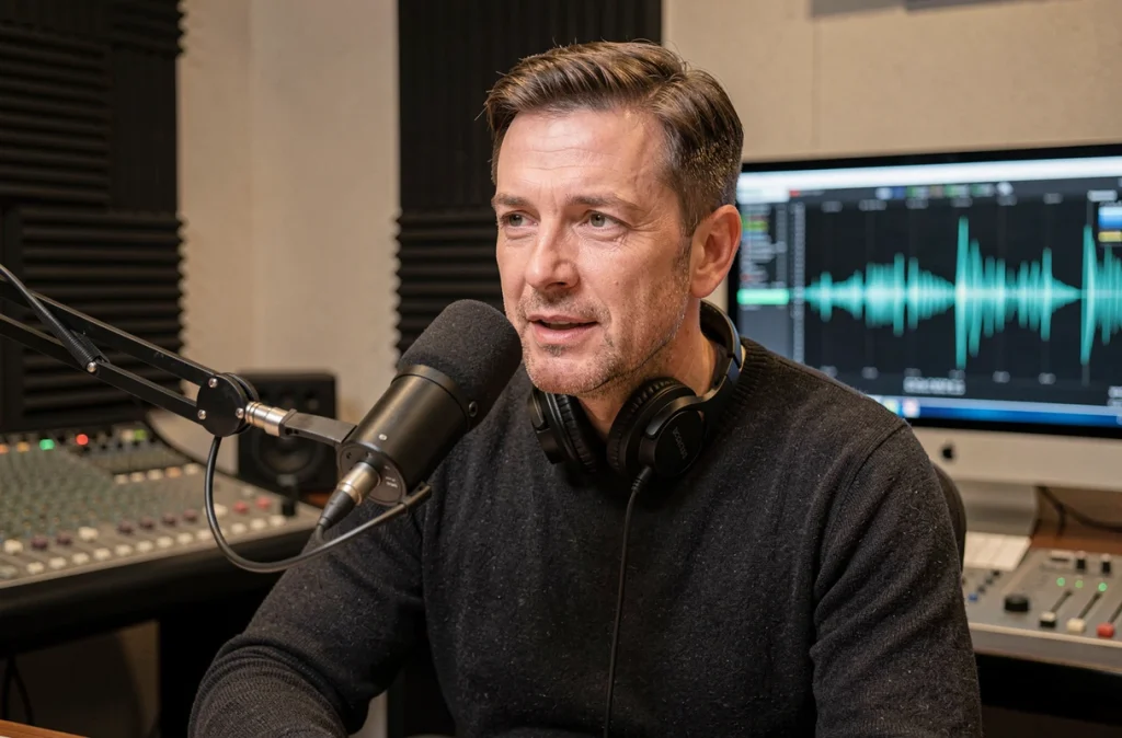 Journaliste en studio de radio ou podcast parlant dans un microphone professionnel avec une console de mixage en arrière-plan