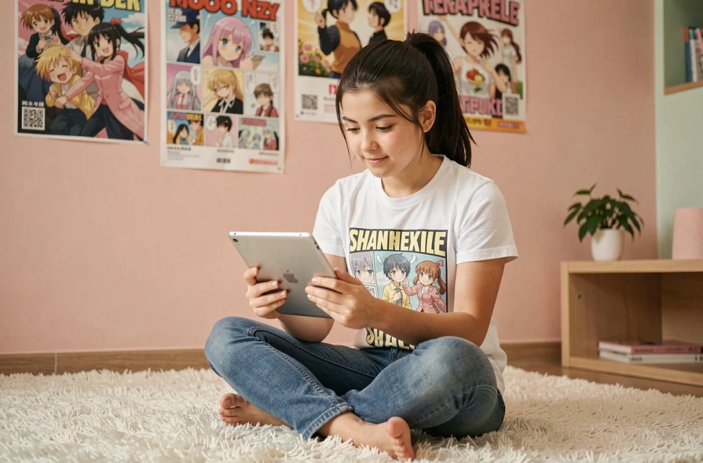 Jeune femme lisant des mangas en ligne sur une tablette après avoir cherché une alternative à Epsilone scan