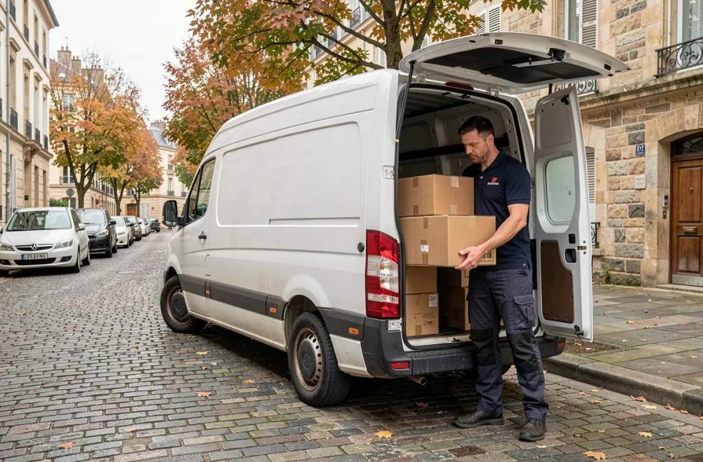 Livreur GLS déchargeant des colis d'un fourgon blanc dans une rue résidentielle française