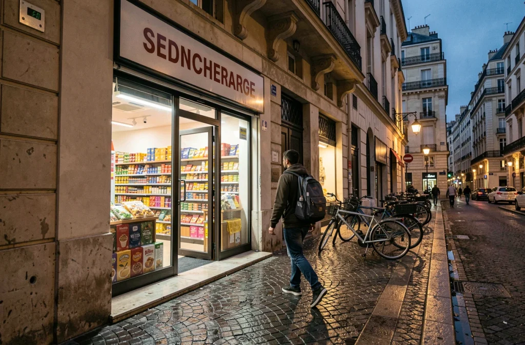 Devanture d'un magasin ouvert après 20h dans une rue de Montpellier la nuit