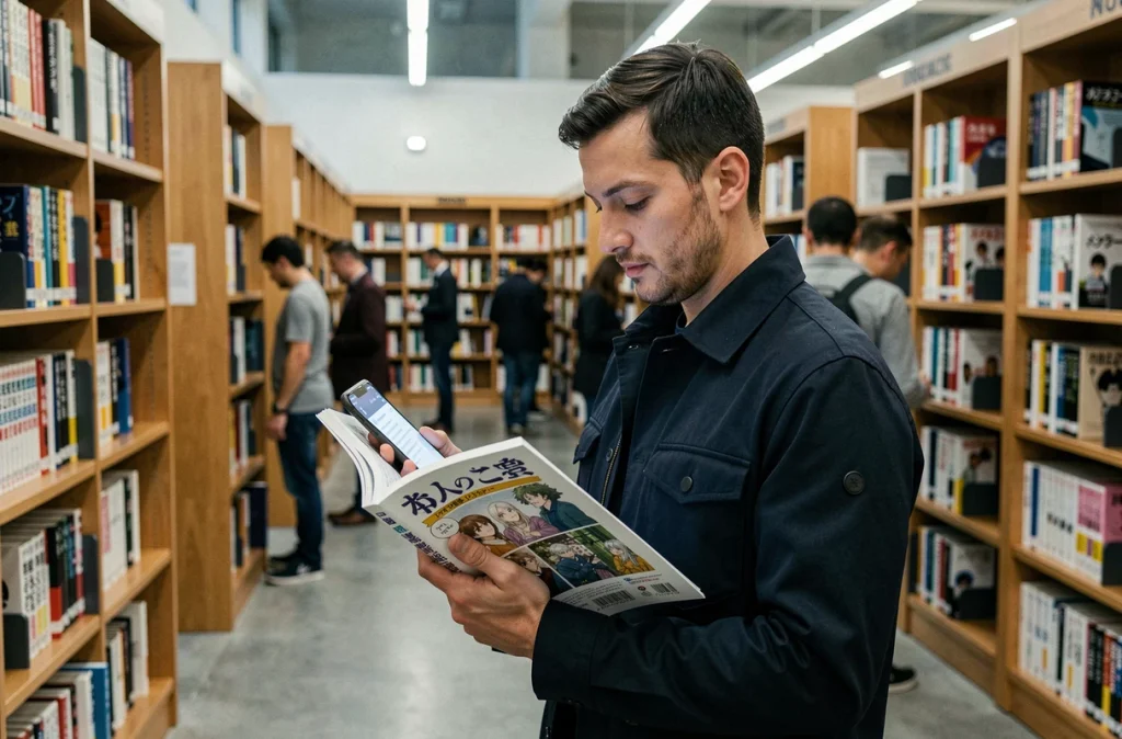 Homme comparant un manga physique et une application de lecture en ligne dans une bibliothèque moderne